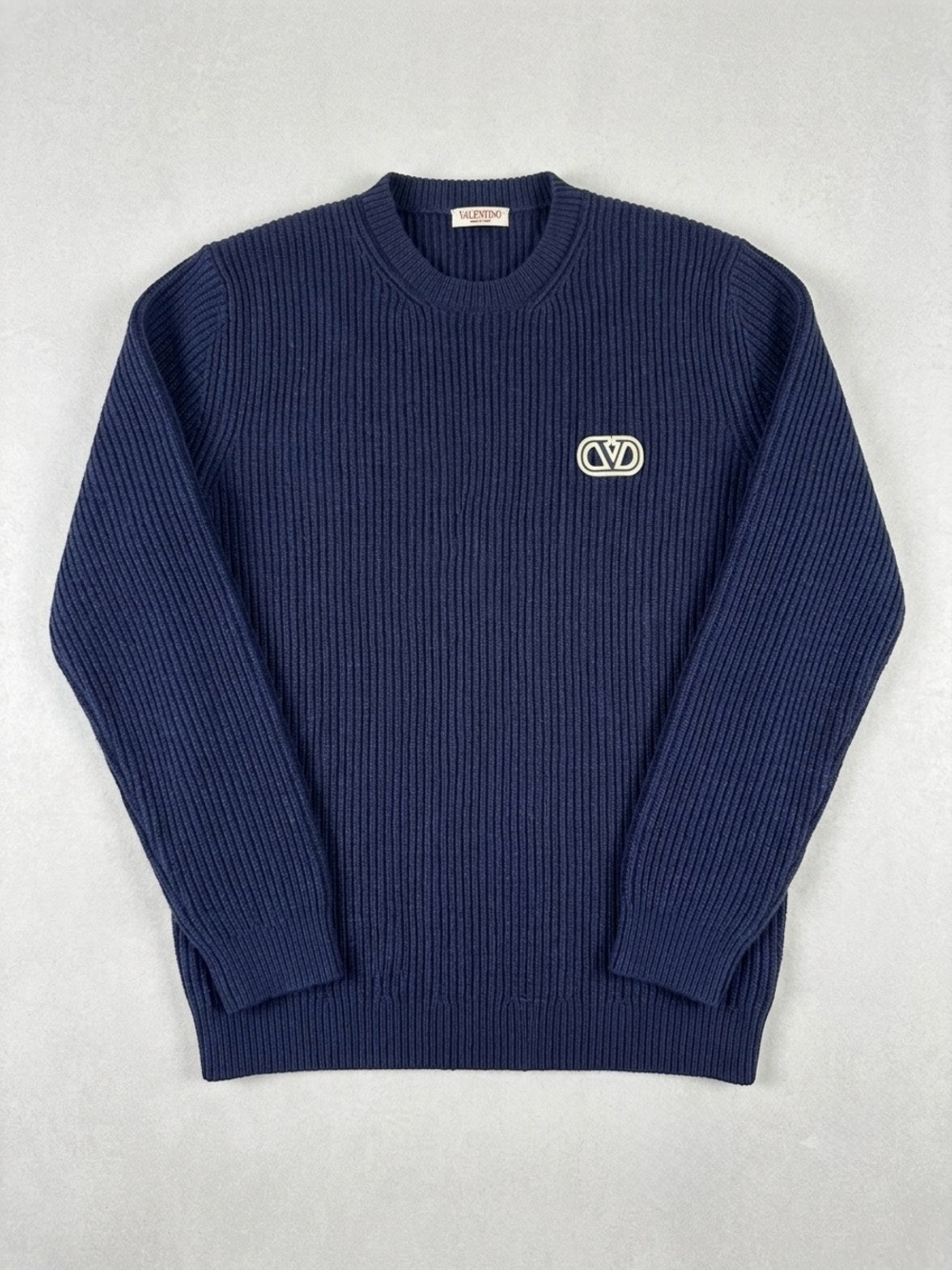Valentino Navy Ribbed Crewneck with CV Emblem